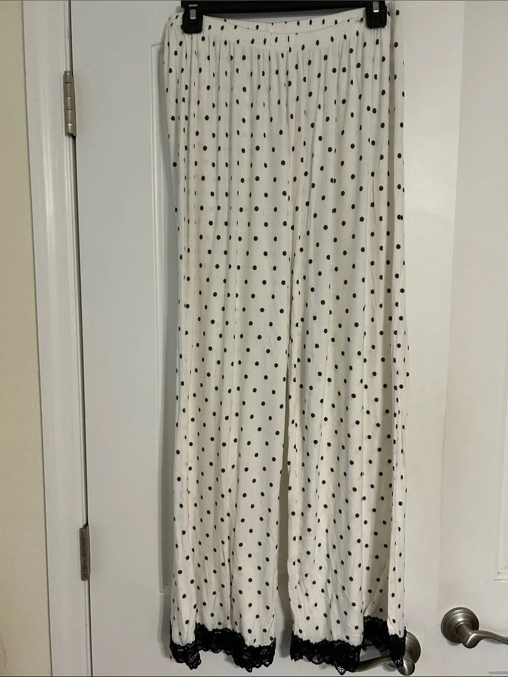 aerie Cream Polka Dot Wide-Leg Pajama Pants with Black Lace Hem